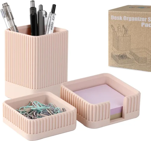 Juego de 3 organizadores estéticos de escritorio y accesorios con soporte para bolígrafos, soporte para clip, soporte para notas adhesivas, soporte