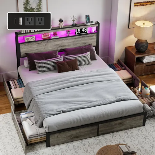 Miniatura 13 de Full Bed Frame with 2-Tier Storage Headboard and 4 Drawers, Metal Platform Bed Frame with LED & Charging Station, No Box Spring Needed/Noise