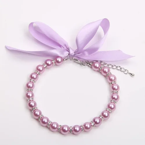Miniatura 5 de Collar de perlas para perros y gatos con accesorios brillantes y lazo de cinta, joyería para cachorros de mascotas para perros hembras, gatos