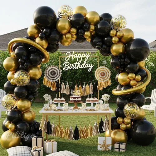Miniatura 5 de Kit de arco de globos negros y dorados, 114 piezas de oro negro con confeti y globos largos para decoraciones de graduación 2026, cumpleaños