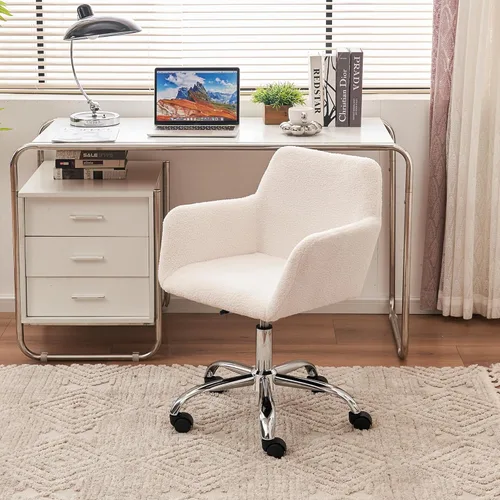 Miniatura 7 de Silla moderna de piel sintética para oficina en casa, silla tapizada de piel sintética, bonita silla de escritorio peluda blanca con ruedas y base
