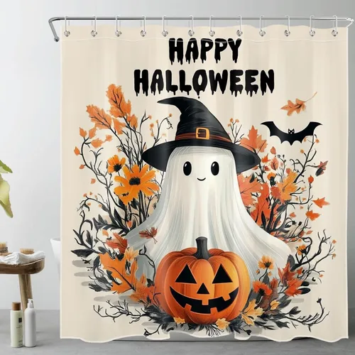 Miniatura 23 de HVEST Cortina de ducha con ganchos, calabaza espeluznante y fantasma con sombrero de bruja negro, juego de cortina de ducha naranja con flores