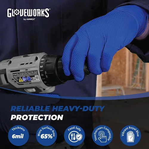 Miniatura 2 de GLOVEWORKS HD - Guantes desechables industriales de nitrilo azul real, 6 mil, sin látex ni polvo, seguros para alimentos, textura de diamante elevado