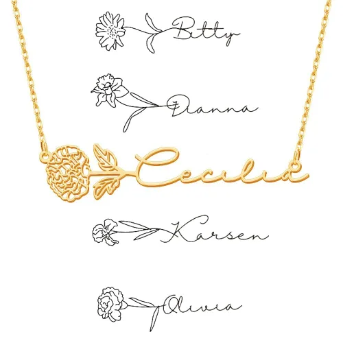 TRANGEL Custom Birth Flower Name Necklace Personalized 18K Gold Plated Birth Month Flower Necklace Dainty Floral Pendant Jewelry Mothers Birthday