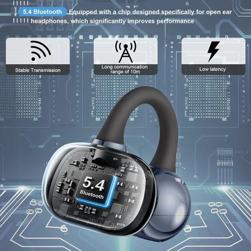 Miniatura 7 de Auriculares inalámbricos con clip Bluetooth 5.4, auriculares de oreja abierta con micrófono, reproducción de 60 horas, cancelación de ruido, Negro