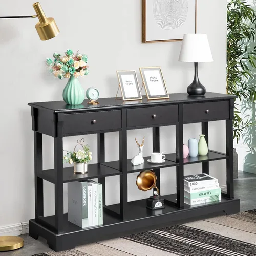 Miniatura 5 de Karl home Mesa consola con 3 cajones, escritorio de entrada de 58 pulgadas de ancho, mesa auxiliar con 6 estantes inferiores de almacenamiento, Negro