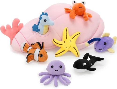 Miniatura 21 de Muiteiur Juego de animales marinos suaves de felpa con casa de conchas marinas de felpa, incluye tortuga de peluche, langosta, cangrejo, delfín, pez