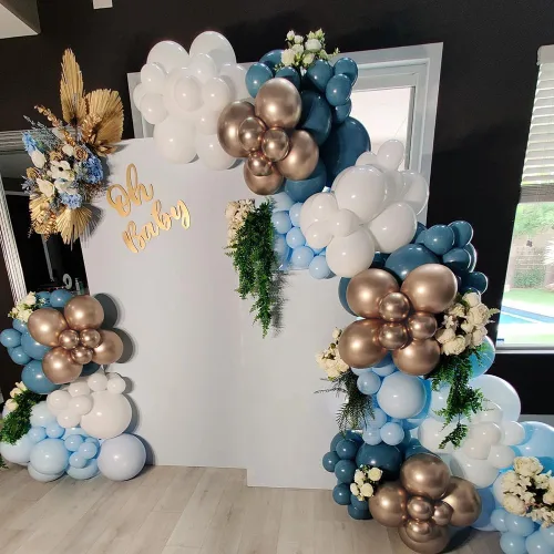 Miniatura 6 de Kit de Arco de Guirnalda de Globos Baby in Bloom, 150 Piezas de Globos de Látex Azul Bebé Polvoriento Blanco Arena Champán Dorado para Baby Shower