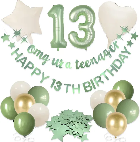 Guirnalda de globos de aluminio con texto en inglés «Omg Ur A Teenager, Happy 13th Birthday» de color verde salvia, decoración oficial de 13