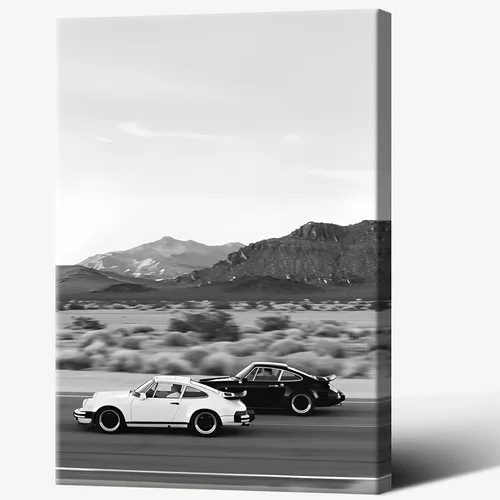 Miniatura 9 de Cartel Retro en Blanco y Negro de Coche Superdeportivo en Lienzo Arte de Pared de Lujo para Amantes de Autos Puesta de Sol Paisaje de Montaña