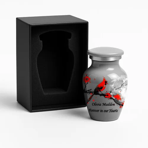 Miniatura 6 de Mini urna gris para cenizas, diseño cardenal y flor, pequeño recuerdo de cremación personalizado, hecho a mano en Estados Unidos, incluye bolsa