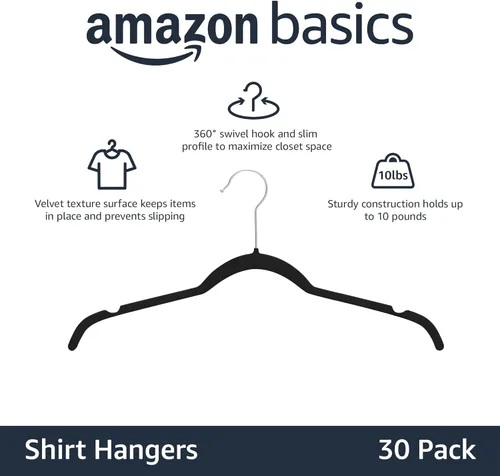 Miniatura 2 de Amazon Basics Perchas delgadas de terciopelo antideslizantes para camisas, paquete de 30, negro