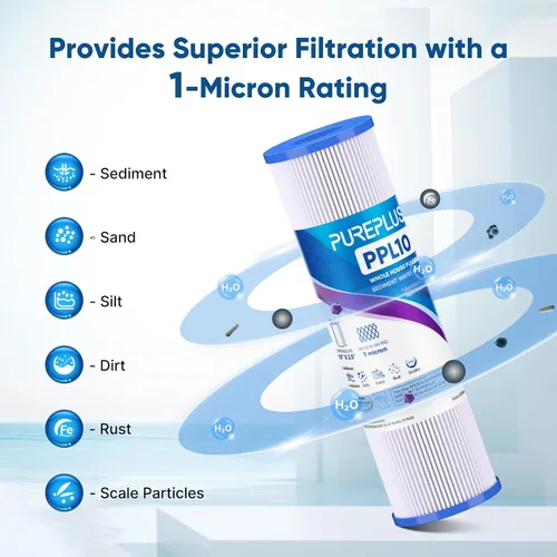 Miniatura 7 de PUREPLUS 1 Micron 10"x2.5" Whole House Pleated Sediment Filter for Well Water, Replacement Cartridge for Universal 10 inch RO System, W50PE