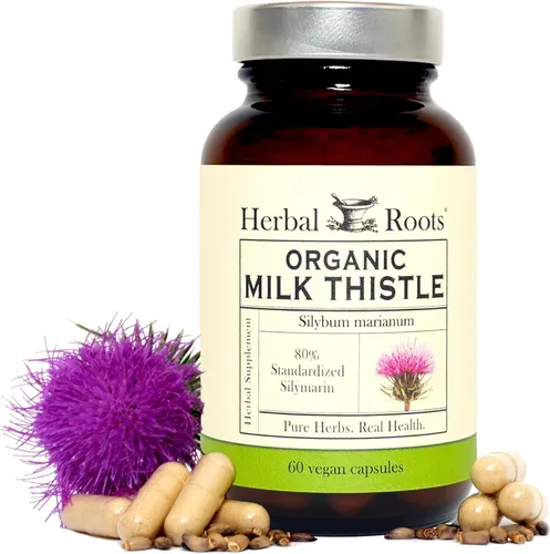 Herbal Roots Cápsulas de cardo mariano | Suplemento de hierbas de silimarina extra fuerte 80% | Hecho con cardo de leche orgánico puro | Vegano y