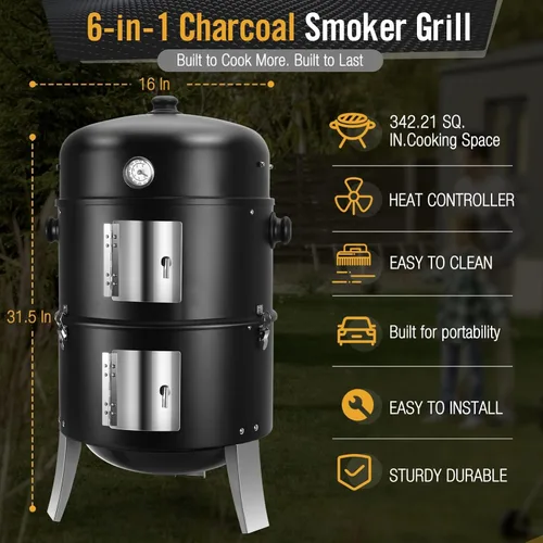 Miniatura 2 de Ahumador de carbón para carne: Parrillas de carbón para barbacoa 4 en 1 resistentes de 16 pulgadas - Combo de parrilla vertical para ahumar barbacoa