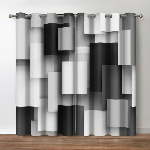 Jekeno Cortinas blancas y negras para ventana, diseño moderno de ladrillo abstracto en 3D, cubos futuristas, geométricos, cuadros, bolsillo para
