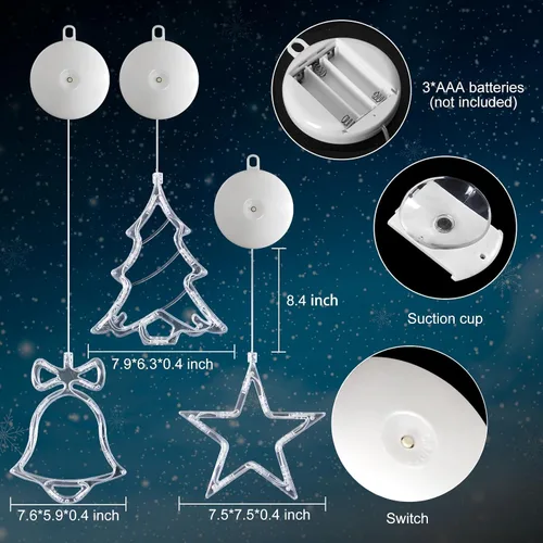 Miniatura 4 de LYUBASA Paquete de 3 luces de Navidad para ventana con temporizador, alimentadas por baterías, lechón LED multicolor para árbol de Navidad