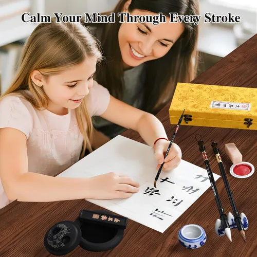 Miniatura 6 de I-MART Juego de caligrafía china para principiantes con 4 pinceles, piedra de tinta, barra de tinta, pasta de tinta roja, sello, cuenco de agua
