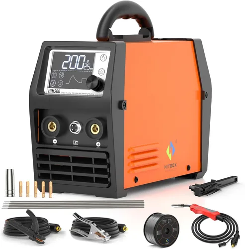 HITBOX 140A MIG Soldador 110V/220V, Soldador de núcleo de flujo/Stick ARC/Lift Tig/Spool Gun 4 en 1 Máquina de soldadura Mig sin gas con pantalla