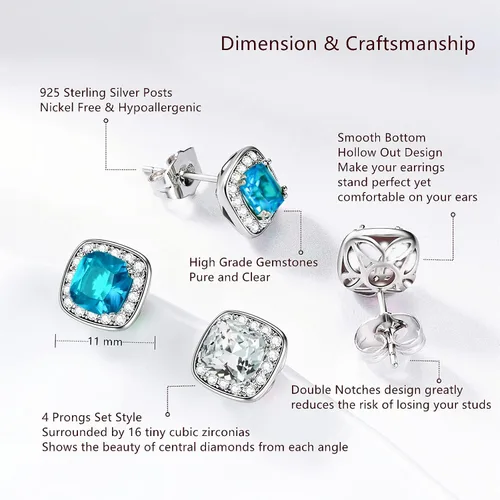 Miniatura 5 de VONSSY Aretes hipoalergénicos de piedras preciosas, aretes de cristal de circonita cúbica brillante, postes de plata 925 sin níquel, aretes