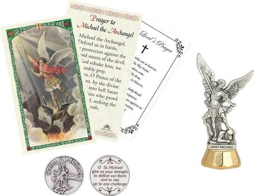 Trendzeen Estatua de Arcángel de San Miguel de 3 pulgadas - Tarjeta Santa laminada, ficha de bolsillo, La oración del Señor - Estatua de San Miguel