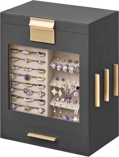 SONGMICS Joyero con ventana de cristal, organizador de joyas de 5 capas con 3 cajones laterales, almacenamiento de joyas, con espejo grande,