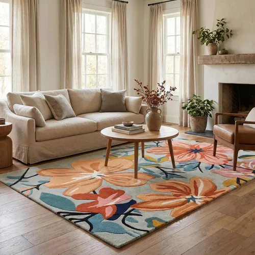 Miniatura 4 de Restoration and Renovation Alfombra de lana floral copetuda a mano Diseño moderno de flores coloridas, alfombra gruesa y suave para sala de estar