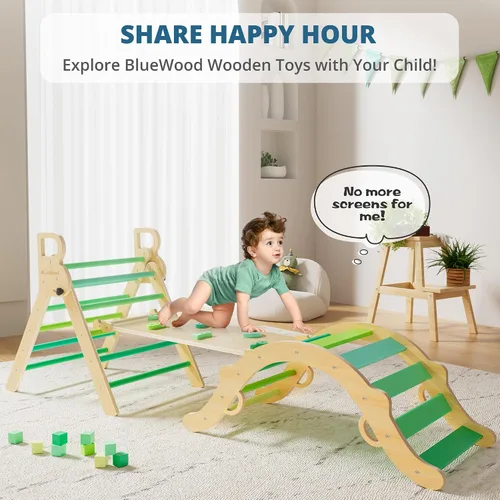 Miniatura 6 de BlueWood Conjunto de Triángulo Pikler, Juguetes de Escalada de Madera para Niños Pequeños para Interiores 7 en 1 Escalador Plegable para Niños