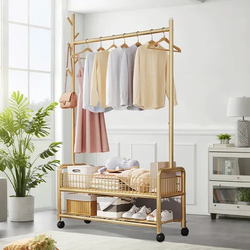 Miniatura 12 de Perchero con estantes de almacenamiento, perchero resistente con ruedas para dormitorio, sala de estar, organización de lavandería