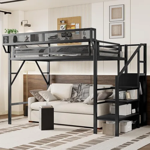 Miniatura 14 de KEIKI Estructura de Cama Loft de Metal Tamaño Twin con Escalera Convertible, Estantes de Almacenamiento Integrados y Armario, Cama Loft con Listones