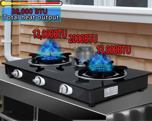 Miniatura 3 de Horynar Estufa de propano de 3 quemadores, quemador de propano, encendido automático, estufa Gsa de 28,000 BTU, vidrio grueso de alta temperatura