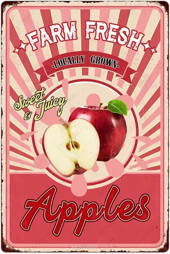 Letrero de metal vintage con texto en inglés "Farm Fresh Sweet Juicy Apples", póster decorativo de frutas y frutas, decoración del hogar, 12 x 8