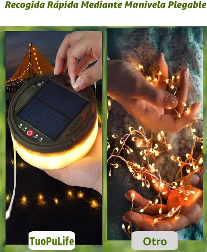 Miniatura 6 de Luces de tira solares para acampar, tira de luces de hadas de 39.4 pies, lámpara de campamento impermeable portátil 4 en 1 con 8 modos