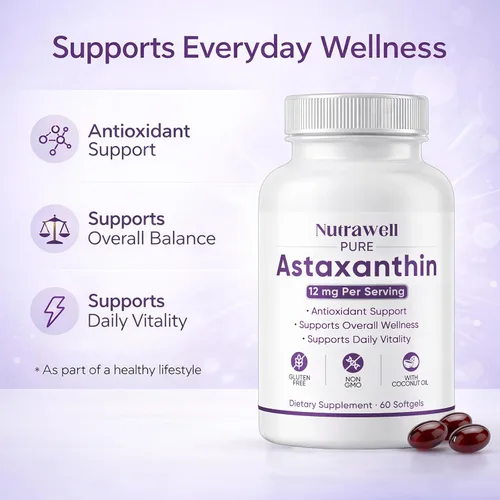 Miniatura 2 de NutraWell Astaxantina 12 mg, con aceite de coco, suplemento de apoyo antioxidante, sin OMG, sin gluten, 60 cápsulas blandas