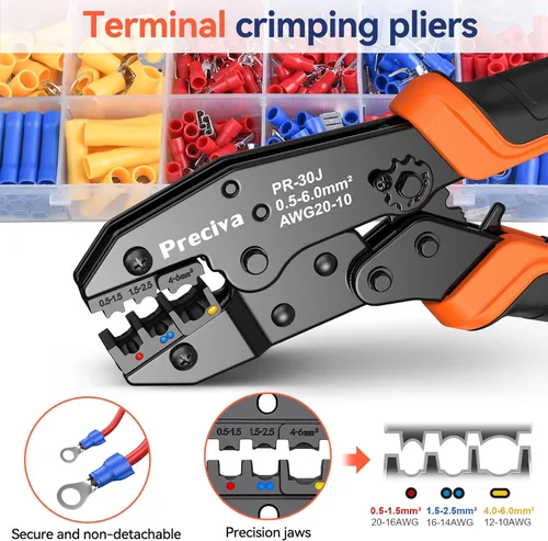 Miniatura 2 de Kit de Herramientas de Crimpado de Terminales de Cable con Nuevo Diseño de Mango, Preciva AWG20-10 Herramienta de Crimpado de Trinquete Aislada