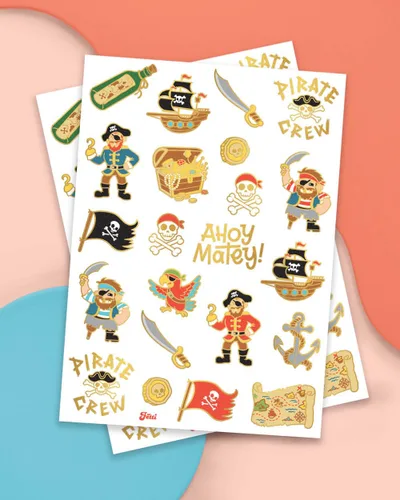 Miniatura 2 de xo, Fetti Suministros de fiesta pirata tatuajes temporales - 44 estilos de lámina dorada Cumpleaños náuticos, equipo de calavera, tesoro, barco