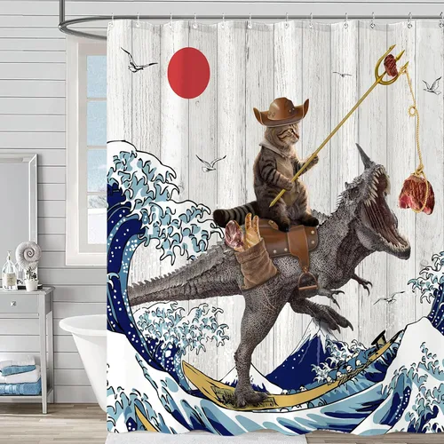 Miniatura 5 de Cortina de ducha divertida con gato y dinosaurio, cortina de baño fresca y genial con olas del océano japonés, cortinas impermeables de tela