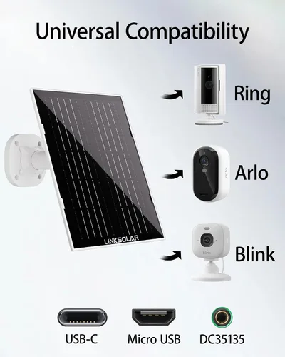 Miniatura 7 de Panel solar para cámara de seguridad, cargador solar de 3 W con enchufe de barril y puerto USB C para cámara de batería recargable al aire libre