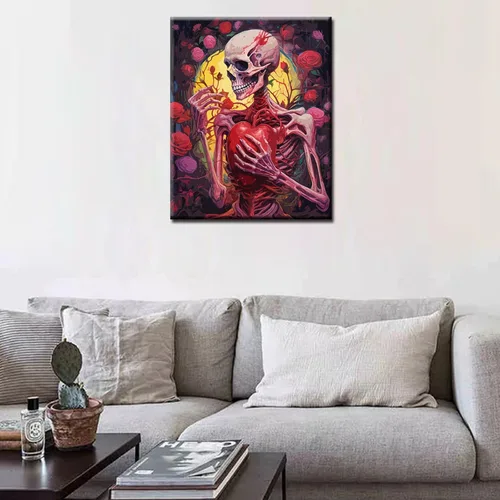 Miniatura 3 de Tucocoo Pintura de calavera de corazón por números para adultos, diseño de flores trippy, pintura por número para adultos principiantes, pintura