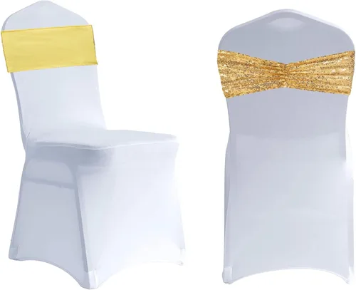 Miniatura 2 de SquarPie - Paquete de 50 bandas para silla, de elastano elástico dorado, lazos de lentejuelas unilaterales para decoración de bodas, fiestas