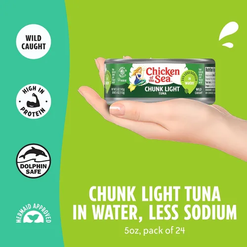 Miniatura 4 de Chicken of the Sea Atún ligero en trozos en agua, atún capturado en la naturaleza, 25% menos de sodio, latas de 5 onzas (paquete de 24)