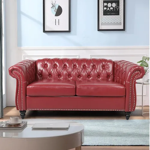 Miniatura 21 de LEVNARY Sillón tapizado de cuero, moderno sofá individual de mediados de siglo con brazos enrollados y cabeza de clavo, silla Chesterfield de piel