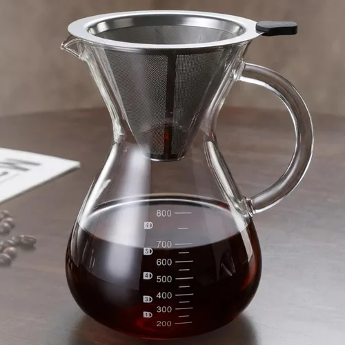 Cafetera vertida, jarra de vidrio de borosilicato de 27 onzas (27.1 fl oz), filtro de acero inoxidable reutilizable, gotero sin papel, para el