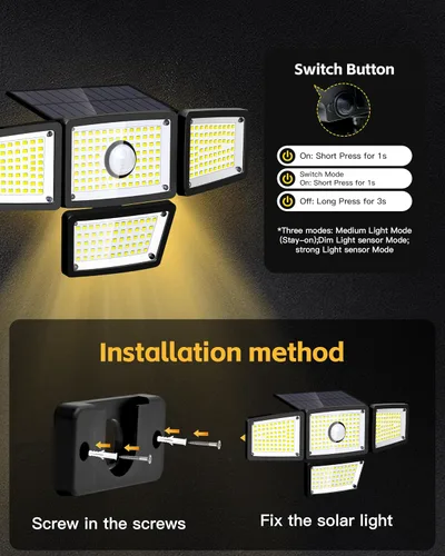 Miniatura 3 de Lámpara Solar con Sensor de 4 Cabezales, Luces Exteriores con Sensor de Movimiento 3000LM, 283 LED, 6500 K, Sensor de Movimiento, IP65 Impermeable