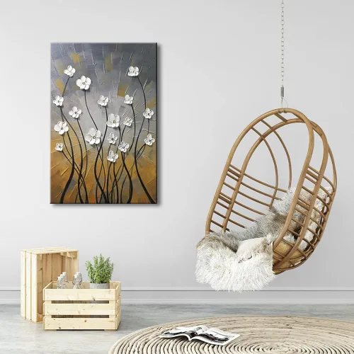 Miniatura 4 de Wieco Art Pinturas al óleo 100% pintadas a mano, lienzo abstracto, arte de pared, diseño moderno de flores estiradas, listo para colgar, para sala
