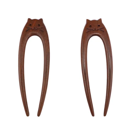 Miniatura 8 de CUBACO 2 unidades de palillos de madera para mujer, tenedor de sándalo en forma de U con diseño de ciervo, horquilla de pelo con giro francés