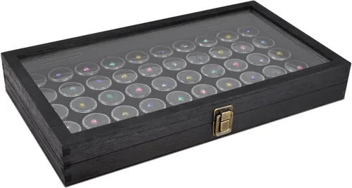 MOOCA Caja de exhibición de joyería negra con parte superior de vidrio templado, 50 frascos de gemas, caja de anillos, organizador de joyas,