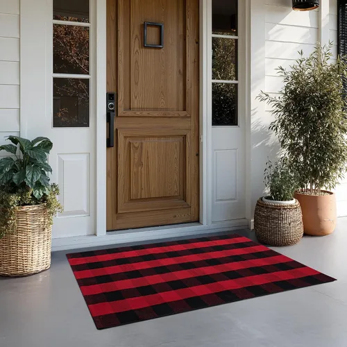Miniatura 8 de joybest - Alfombra de felpudo tipo búfalo a cuadros de 27.5 x 43 pulgadas en negro y rojo; alfombra de algodón tejida a mano para puerta delantera