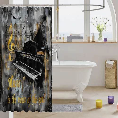 Miniatura 3 de Homewish Cortina de ducha con música de piano, notas musicales, tela impermeable de secado rápido, para niños, niñas, niños, adolescentes, retro