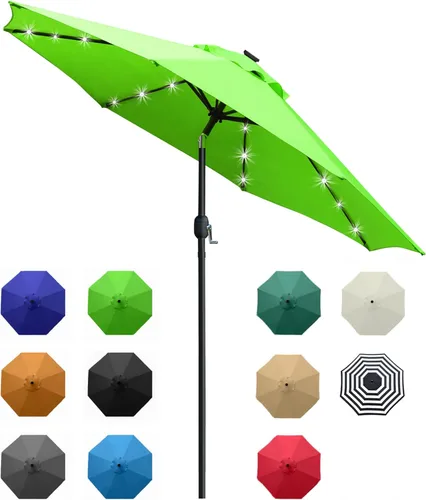 Miniatura 15 de Sunnyglade Sombrilla de patio con luz LED solar de 9 pies con 8 varillas/ajuste de inclinación y sistema de elevación de manivela (azul turquesa)